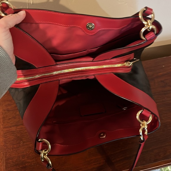 Coach Red Signature Lexy Brown Shoulder Bag Purse Leather Valentine - Picture 10 of 15